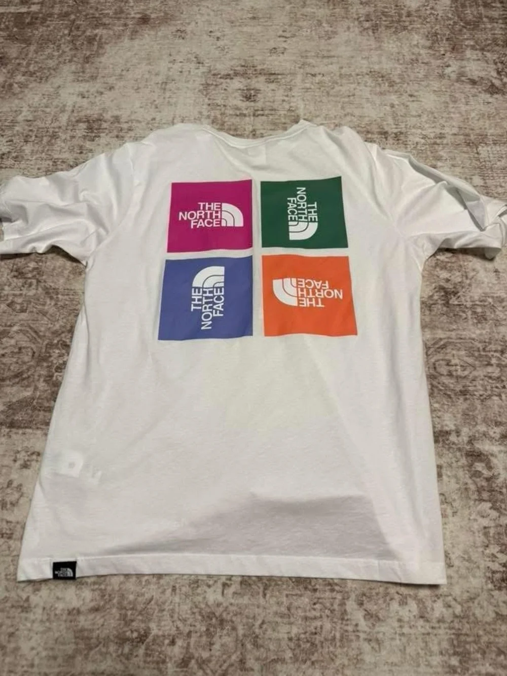 The North Face White Tee with Pink, Green, Blue & Orange Logo Squares - Picture 1 of 2